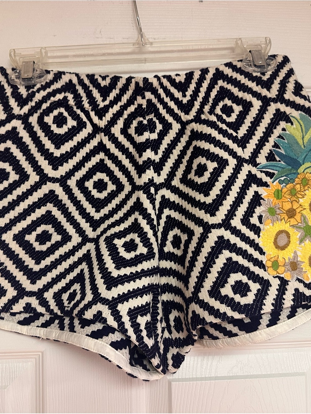 Judith March Navy & White Geometric Knit Shorts with Floral Embroidered Patch